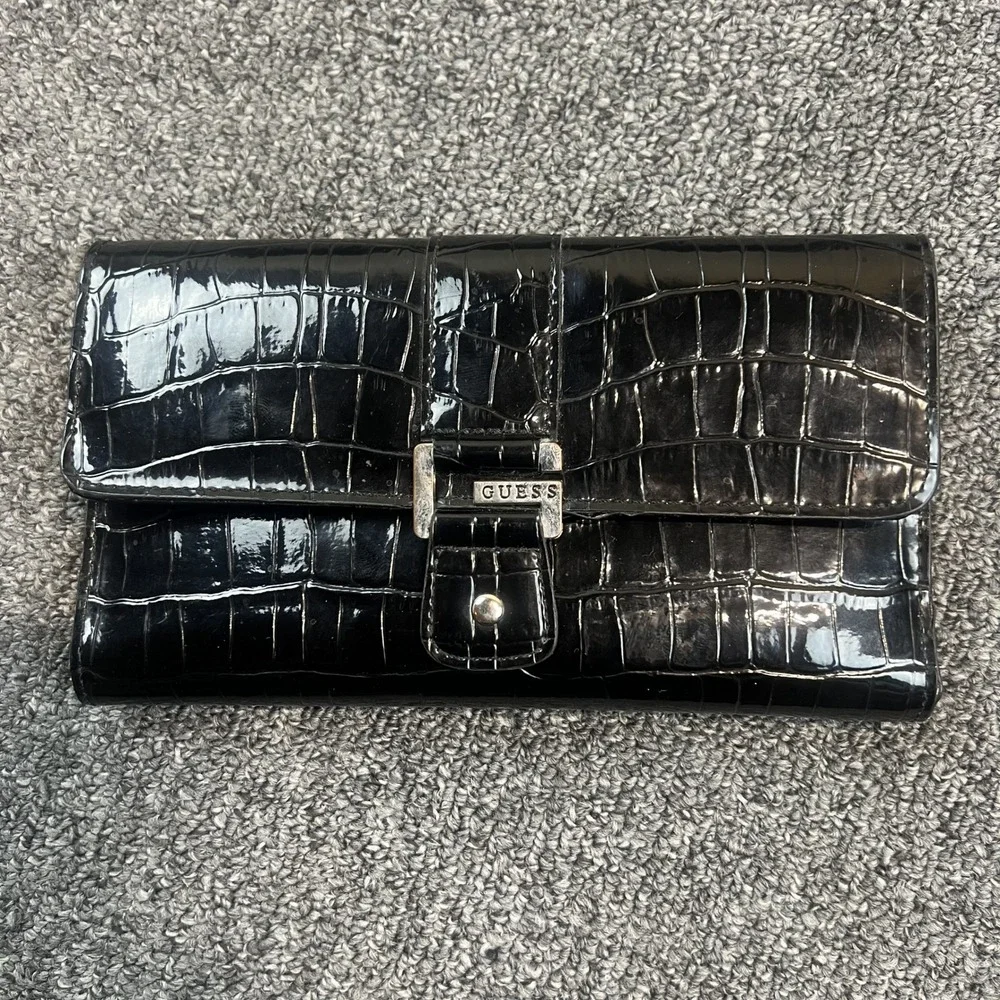 Guess Y2K Croc Embossed Patent Leather Trifold Wallet Black Silver Logo OS